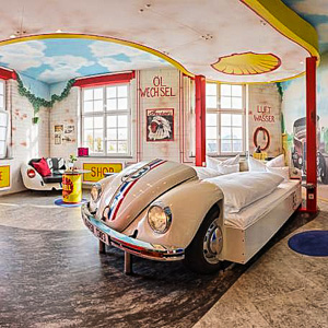 A room at the car-themed V8 Hotel in Stuttgart
