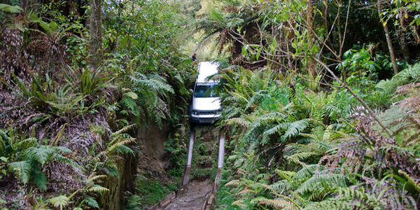 Plunging off a cliff in a car on purpose as part of the offroad 4x4 experinece near Rotorua, New Zealand