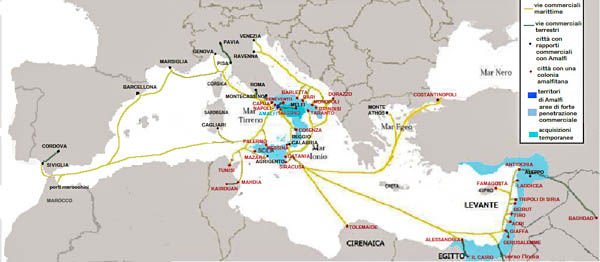 Amalfi trade routes and ports under its control at the 12th century apex of its power.