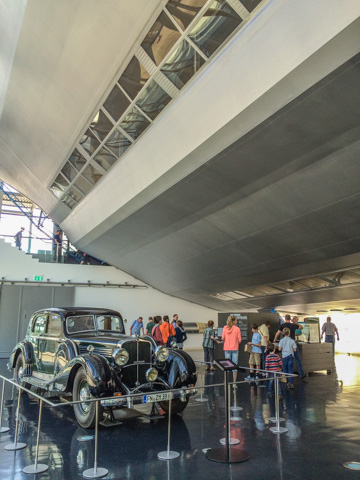 A Zeppelin motorcar beneath the recreation of the Hindenburg cabin, Zeppelin Museum of Friedrichshafen in Baden-Württemburg