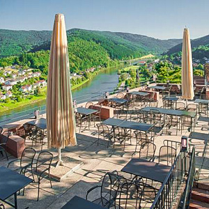 View from the terrace at the Burg Hirschhorn castle-hotel in Germany