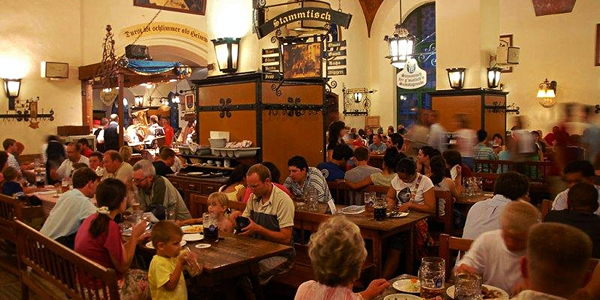 The dining room at the Hofbrauhaus restaurant, Munich