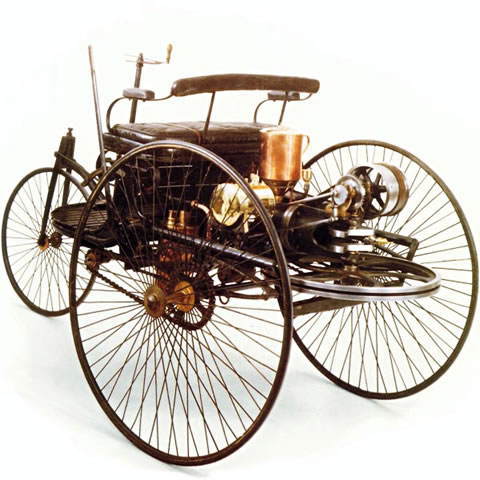 The world's first gasoline-powered vehicle, an 1886 Benz tricycle.