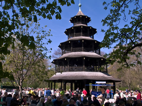 The Chinesischer Turm pagoda in the Englisher Garten of Munich