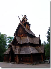 A wooden stave chruch, built around AD 1200, in Oslo's Folksmuseum park.