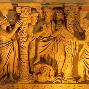 Plaster cast of an early Christian sarcophagus in the Vatican Grottoes, Vatican Pio-Christian Museum, Vatican Museums, Rome, Italy