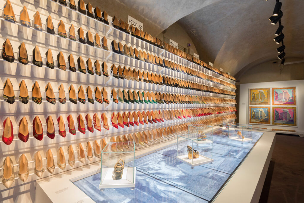 A wall of shoes at the Ferragamo Museum in Florence