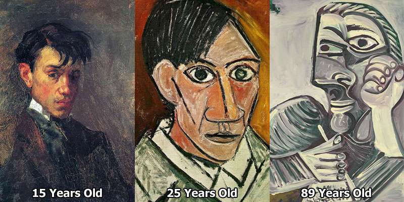 Pablo Picasso self-portraits at age 15 (1896), 25 (1907), and 89 (1971), Pablo Picasso, General (Photo collage courtesy of Twisted Sifter)